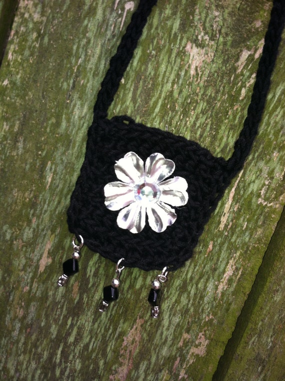 Crochet Necklace Pouch Black with Silver Flower