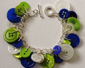 Button Bracelet Lime Green Blue and Pearly Cream