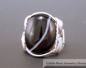 Sterling Silver Wire Wrapped Black Sardonyx Ring