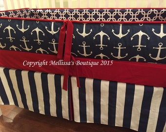 Custom Navy Blue Red & White Nautical Baby Nursery 3-Piece Crib Bedding Set made with Designer Fabrics