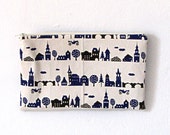 White Navy Canvas Village Print Zipper Bag / Pouch / Clutch / Cosmetic Bag