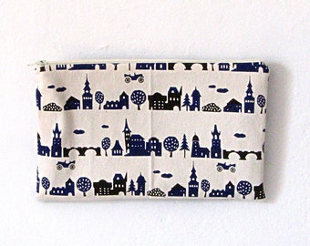 White Navy Canvas Village Print Zipper Bag / Pouch / Clutch / Cosmetic Bag