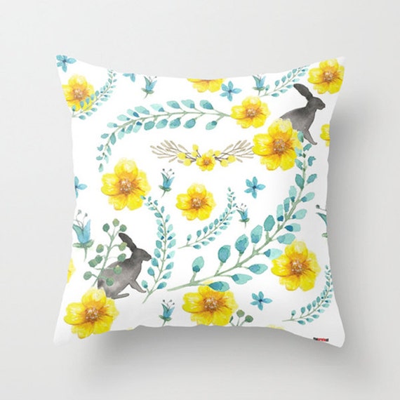 Items similar to Decorative Pillow cover - Flowers pillow - Bunny Pillow - White and yellow ...