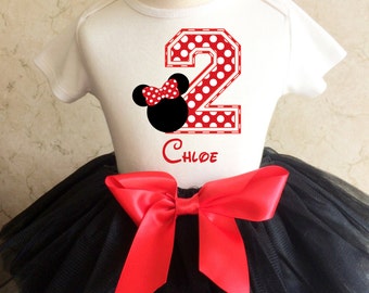 Minnie Mouse Polka dotted dots Red Black 2nd Second Girl Birthday Tutu Outfit Custom Personalized Name Age Party Shirt Set