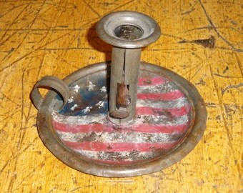 Hand Painted Americana Old TIn Push Up Candlestick | Primitive Candlestick | Tin Candlestick | Vintage TIn Candlestick