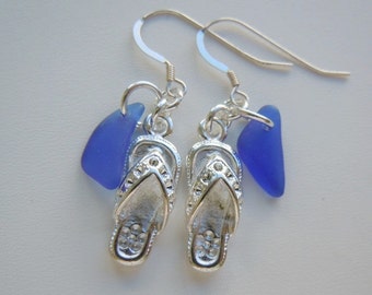 Flip Flop Dangle Earrings Sea Glass Blue Beach Glass Earrings, Sea Glass Earrings, Seaglass Jewelry
