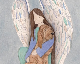 Bloodhound with angel / Lynch signed folk art print
