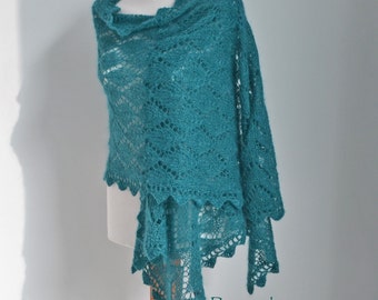 Lace knitted shawl with crochet trim, Teal, N290