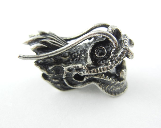 Antique Silver-tone Dimensional Chinese Dragon Head Bead with Black Rhinestone Eyes