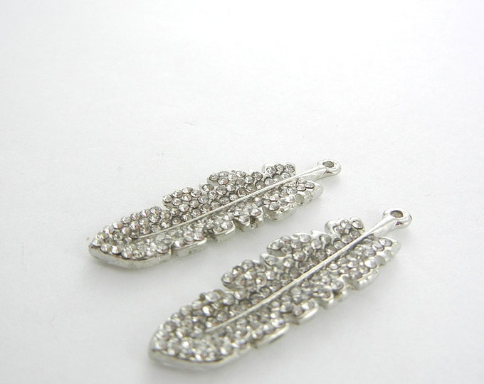 Pair of Small Feather Charms Tiny Rhinestone Encrusted Silver-tone