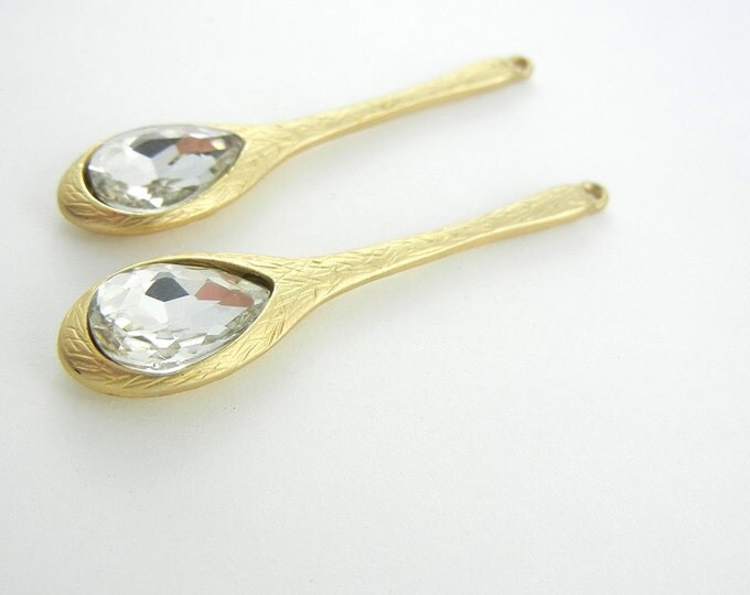 Pair of Brushed Gold-tone Rhinestone Spoon Drop Charms