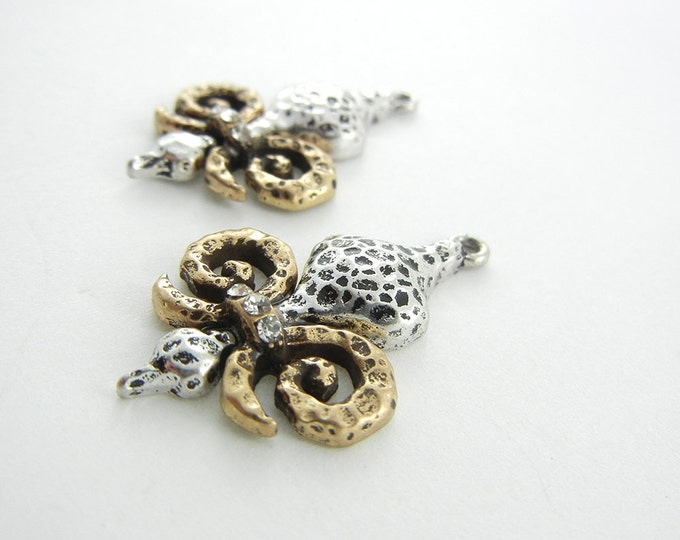 Pair of Two-toned Hammered Fleur de Lis Charms Row of Rhinestone Accent