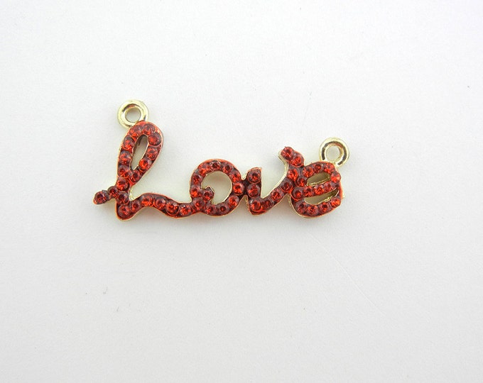 Gold-tone Red Rhinestone Love Word Pendant Double Link