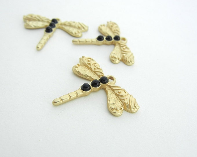 Set of 3 Matte Gold-tone Dragonfly Charms with Acrylic Black Cabochons