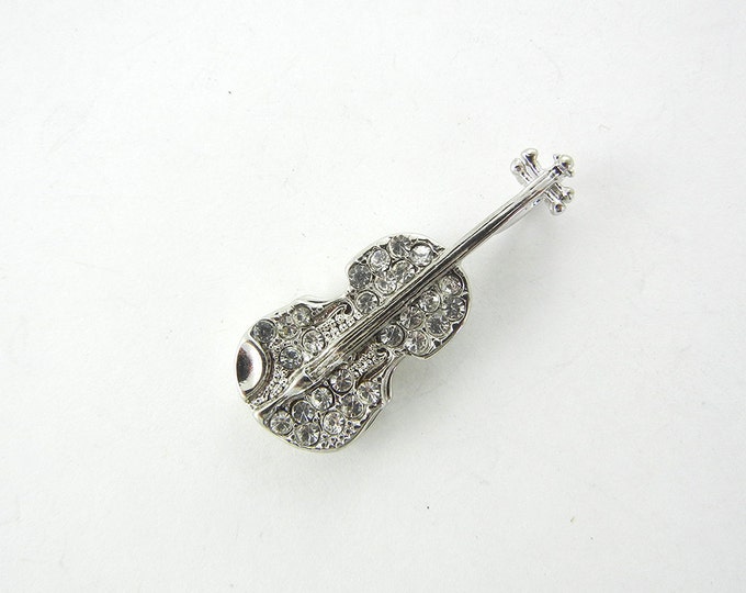 Dimensional Silver-tone Rhinestone Violin Pendant