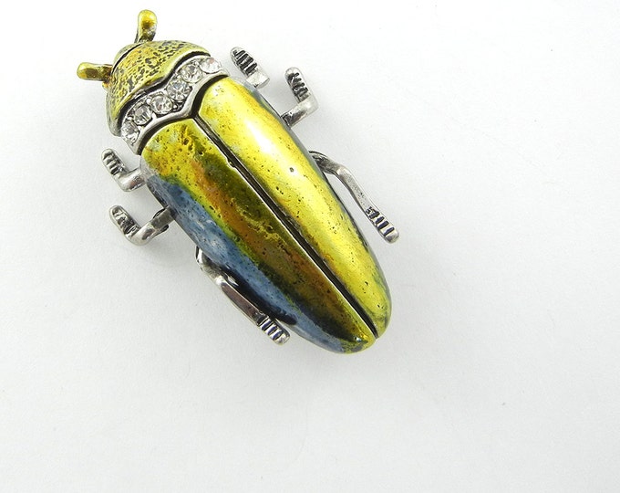 Antique Silver-tone Cockroach Slide Charm Rhinestone Accents Yellow Gold Wash