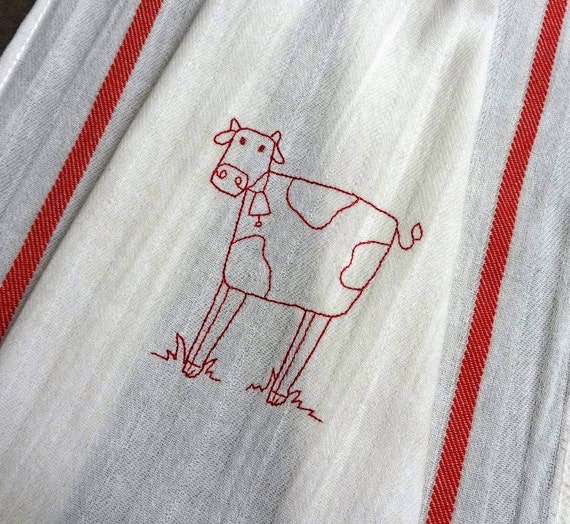 Cotton Flour Sack Hand Towel - Embroidered Towel - Redwork Cow Towel ...