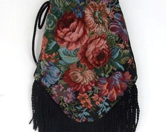 Victorian Floral Bag with 4" Black FringeTrim Rose Floral Tapestry Gypsy Bag Boho Bead Bag Cross Body Bag