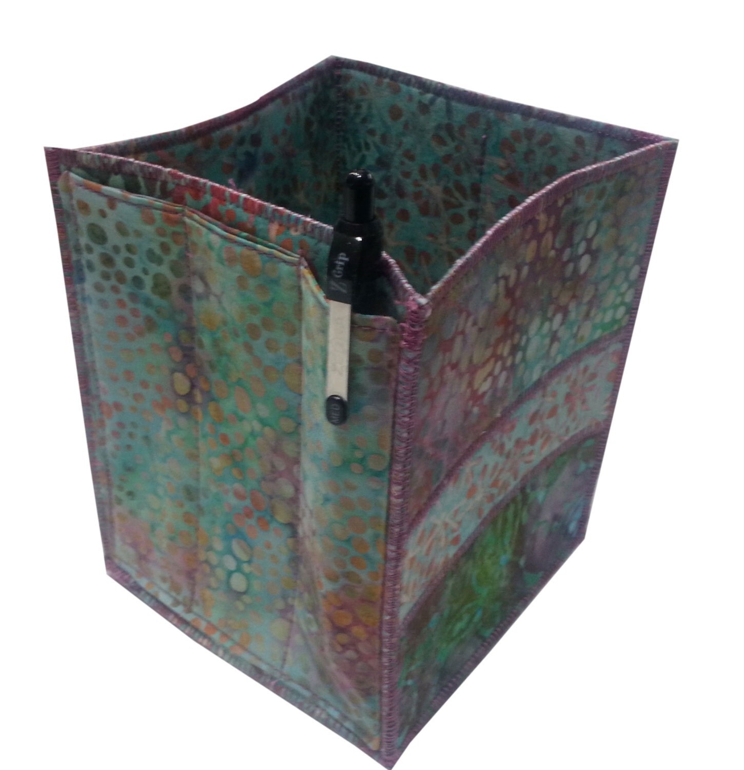 Handmade Table Top Organizer in Aqua and Mauve Batiks