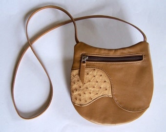 Brown Leather Purse with Ostrich Leather Inlay - Crossbody Style Festival Bag - Medium Round Handbag