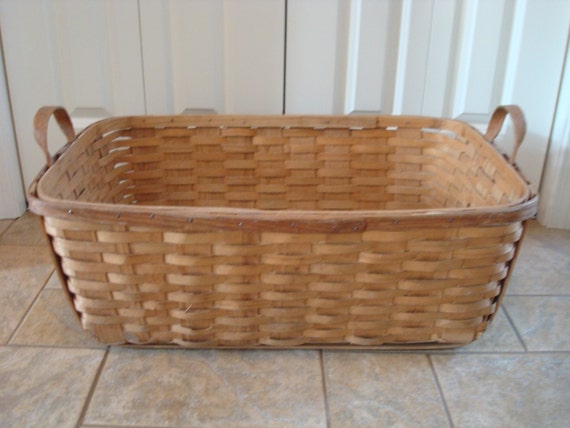 Large vintage splint rectangular laundry basket with wooden