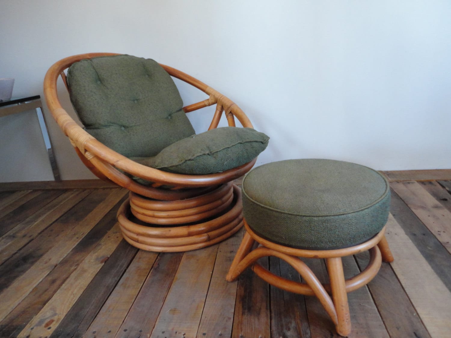 Low Rider SWIVEL Rattan Chair with Ottoman Vintage 60s 70s Mid