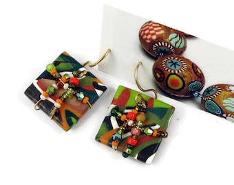 Boho Wire-Wrapped Pierced Earrings Polymer Clay Art Jewelry Handmade Dangles Crystal AB Bicones Seed Beads Goldplated Wires