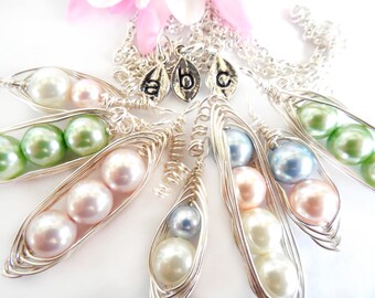 Build Your Own Pea Pod Necklace Three Peas in a Pod Peapod Wire Wrapped with Pearls Customized with Initial Leaf Charms