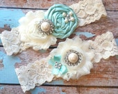 AQUA wedding garter set / bridal garter/ lace garter / toss garter included / wedding garter / vintage inspired lace garter