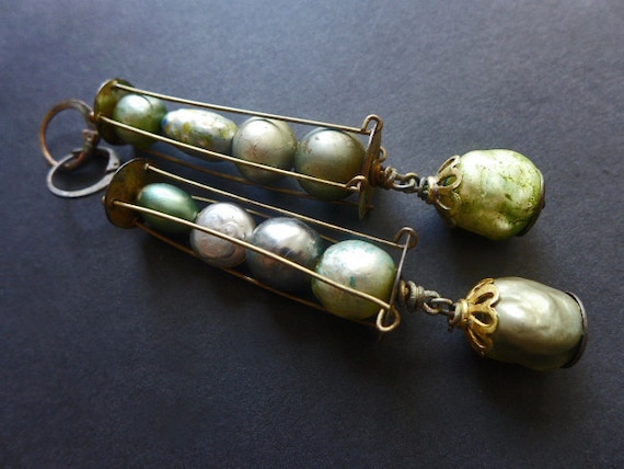 Lovat Moons. Rustic victorian tribal vintage baroque pearl cage earrings.