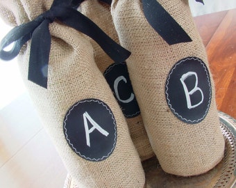 Burlap Wine Bottle Bags, sets of 12 - 23, with Chalkboard Message Label to Use Again and Again