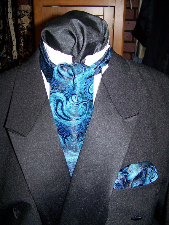 Men's Wedding Tie, Ascot or Carvat and Pocket square puff peacock paisley print Brocade fabric 4" x 45" Mens Historial Wedding, cravat tie