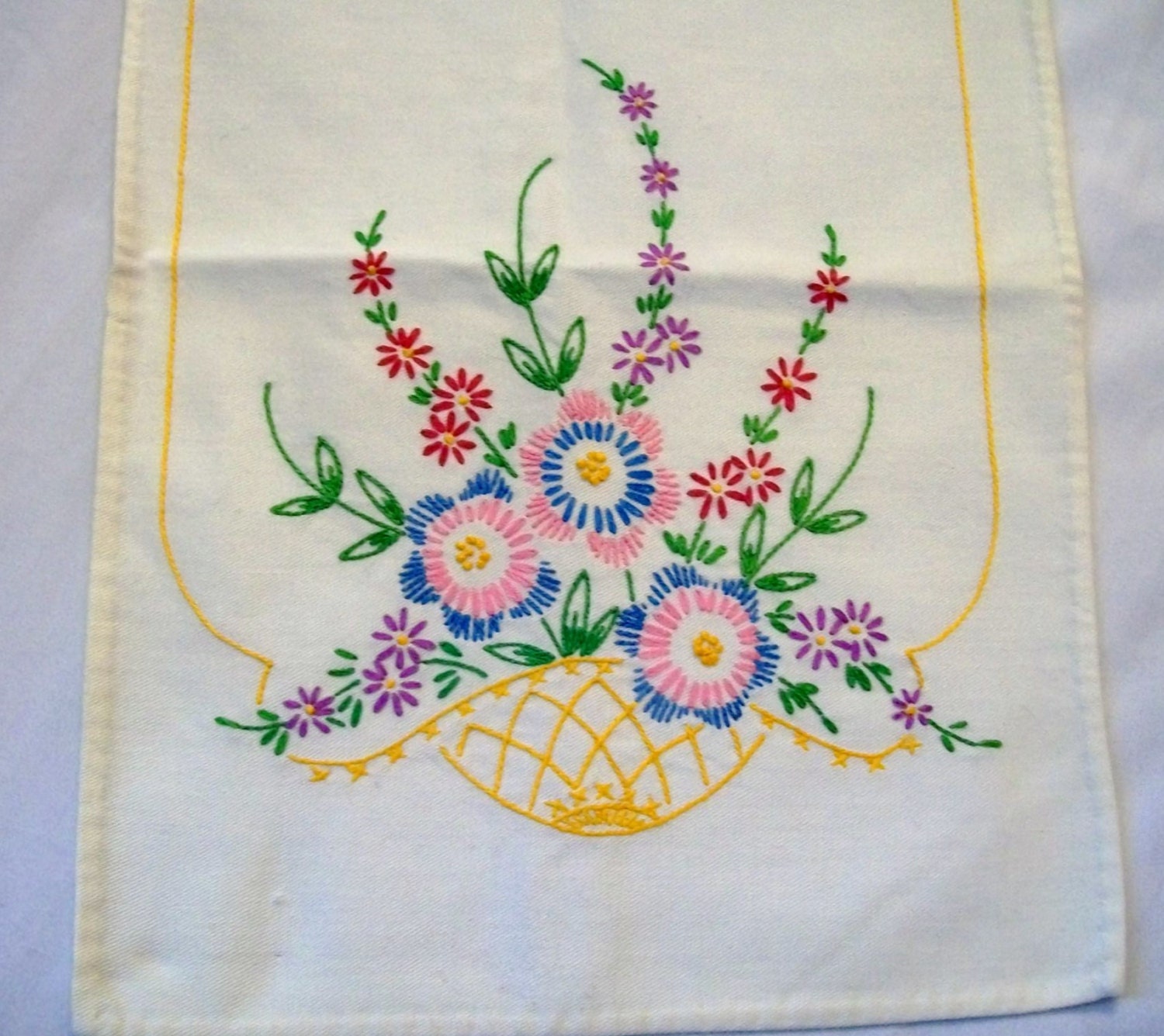 Vintage Table Runner Hand Embroidery Basket of Flowers