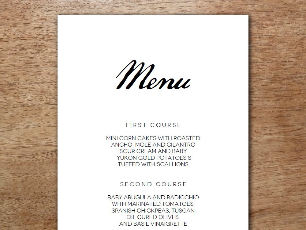 Printable Menu Template Black and White Calligraphy Style