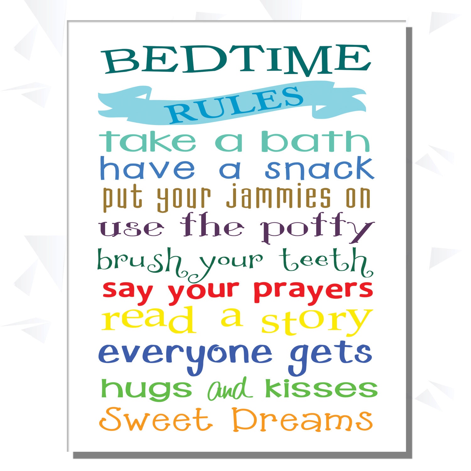 13 x 19 Bedtime Rules Typography Wall Art Word by