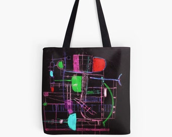Bags and Purses. Tote Bag. Walking in Asnieres 2c. Original Design. Black. Red . Bright & Fun.