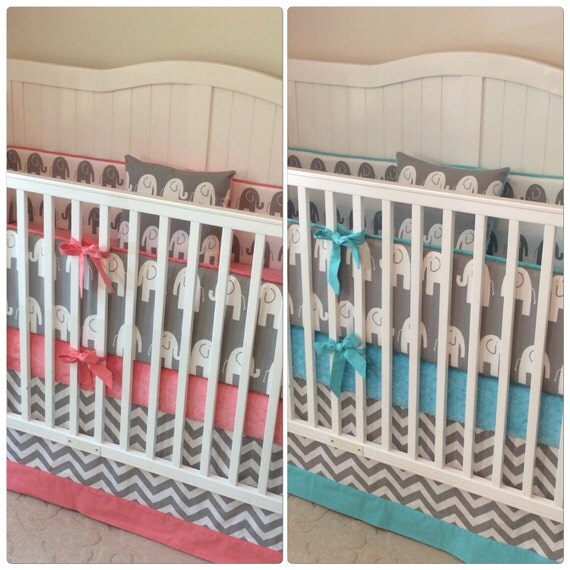 DEPOSIT Crib Bedding Set Girl Boy Twins Coral Aqua and Gray