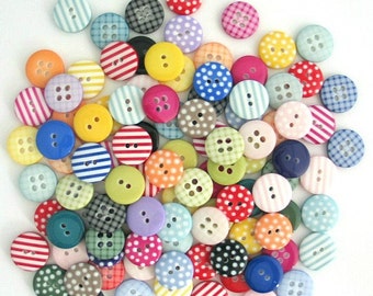50 x Mixed Craft Buttons, Polka Dot Buttons, Gingham Buttons, Stripy Buttons, Assorted Button Pack, Plaid Buttons, Button Pack