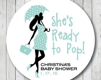 Personalized Ready to Pop Stickers, Ready to Pop Tags, Ready to Pop Labels . Pregnant Lady with Umbrella Baby Shower Favor Tags
