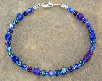 Iris Blue Anklet - Czech Cobalt Glass & Swarovski Crystal Ankle Bracelet, Blue Ankle Bracelet, 8.5 inches - 14 inches, Sm - Plus Size Anklet