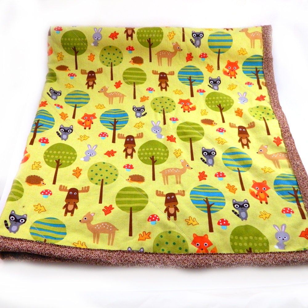 Green Woodland Animal Minky Baby Blanket Brown Orange Blue