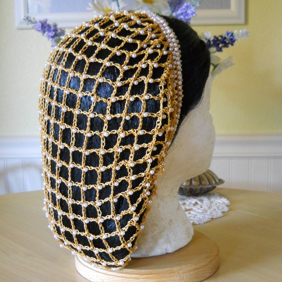 Beaded Snood Hair Net The Lucrezia in Gold with Pearls