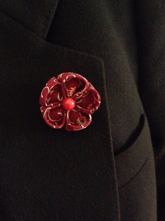 Lapel Flower Pin: Maroon Marsala Silk Kanzashi Includes US Shipping 