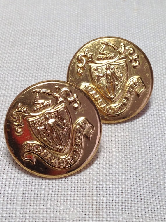 Vintage brass Coat Buttons MASSACHUSSETTS State Seal Waterbury