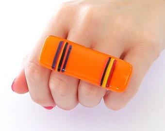 Double Finger Ring Glass - big bold handmade multi finger ring - SUMMER LOVE - 2. 4 inch
