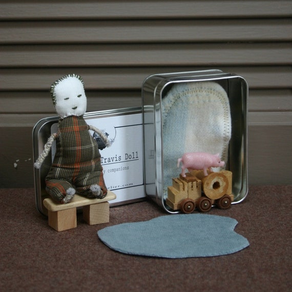Items similar to Traveling Travis min rag doll toy set in tin on Etsy