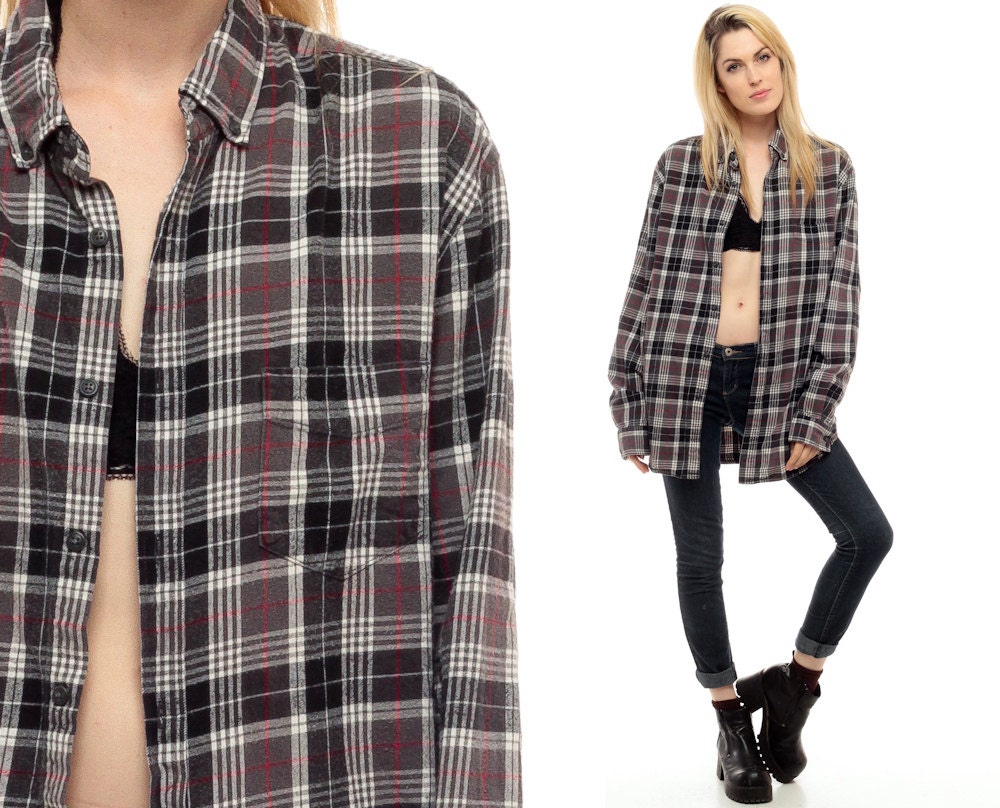 90s Grunge Flannel Shirt Faded Black Plaid Shirt Grey By Shopexile