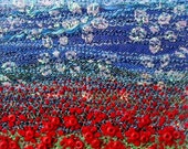 5 inch square card - embroidered poppy landscape - Handmade card - Beaded fabric card