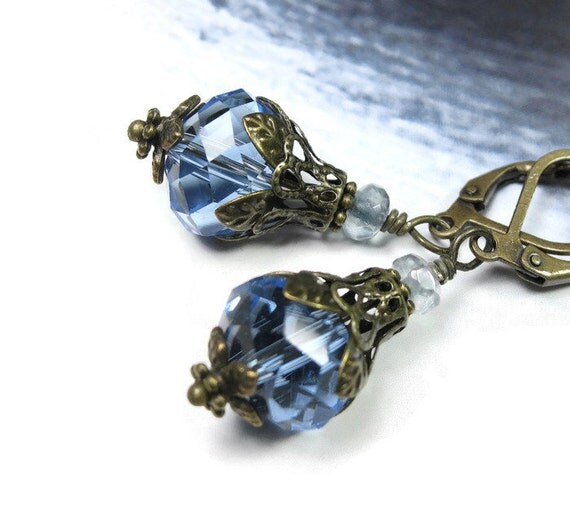 Vintage Style Light Sapphire Blue Czech Glass Dangle Earrings, Baby Blue Sparkling Earrings, Gifts for Her, Mothers Day