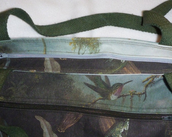 Two Hummingbirds Above a White Orchid Linencotton canvas tote/purse - zipper top Custom Print